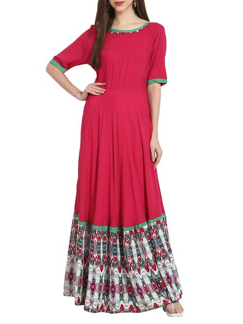 Pink rayon printed flared kurta - 12898118 - Very Small Image - 1