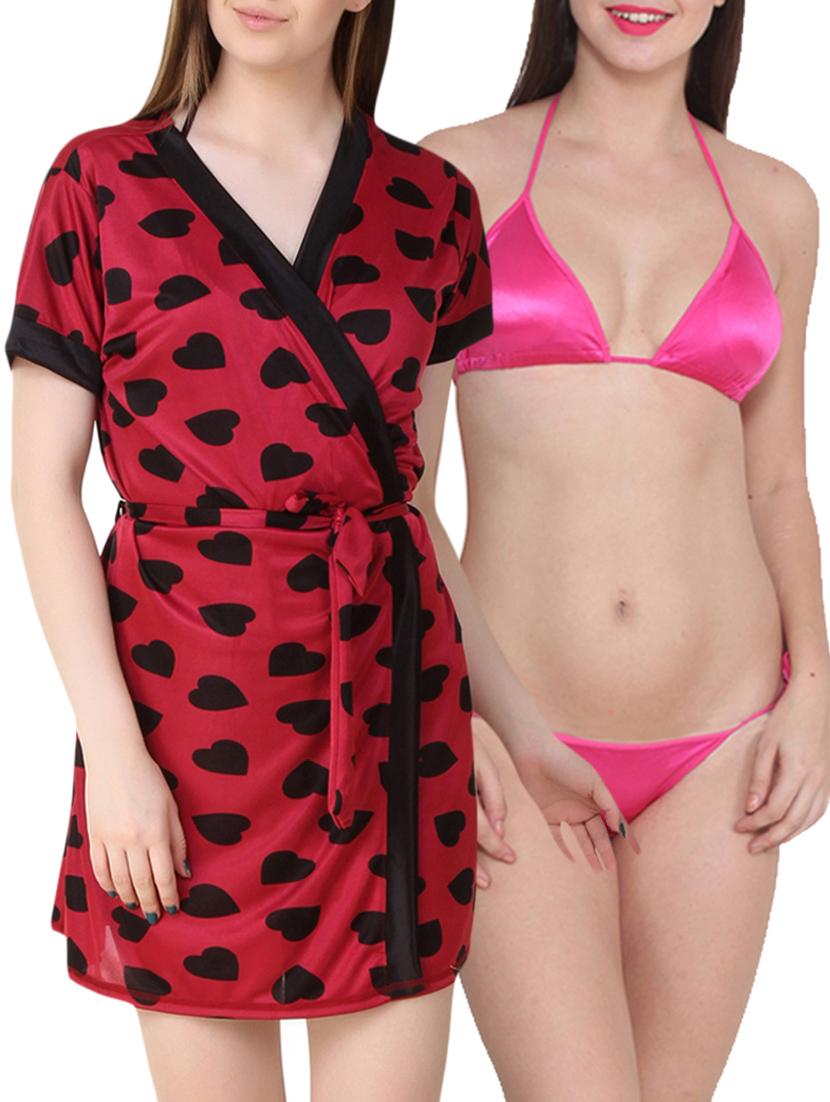 red satin robe with thong set - 12910287 - Zoom Image - 1