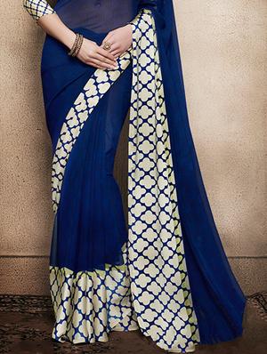 blue georgette printed saree with blouse - 12910693 - Standard Image - 3
