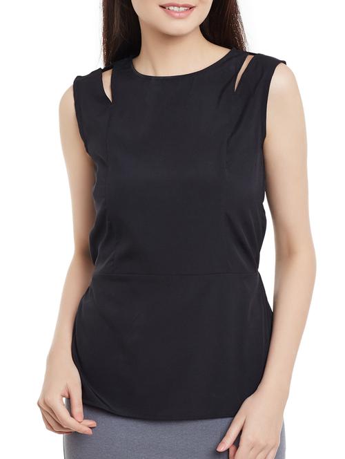 black crepe round neck top - 12926428 - Standard Image - 1