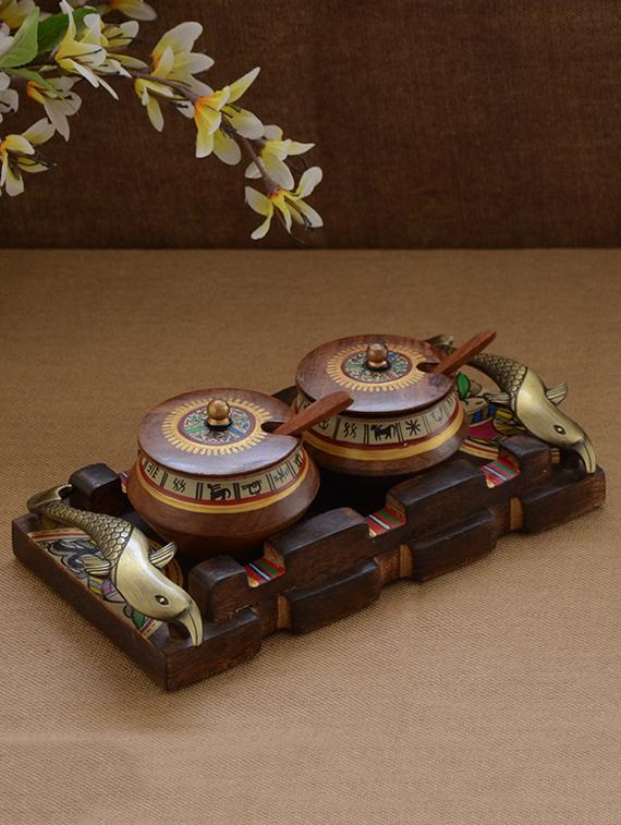 Brown Wooden Hand painted Handi Set - 1292825 - Zoom Image - 1