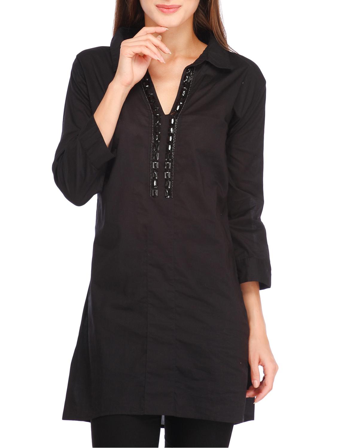black embellished cotton regular tunic - 12937582 - Zoom Image - 1