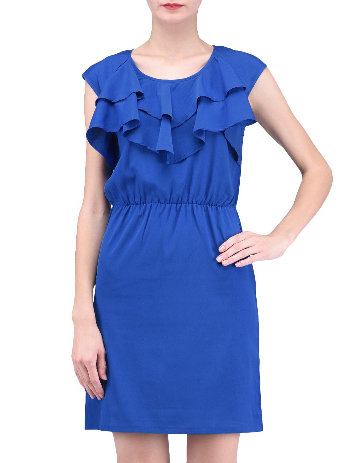 blue poly crepe ruffle dress