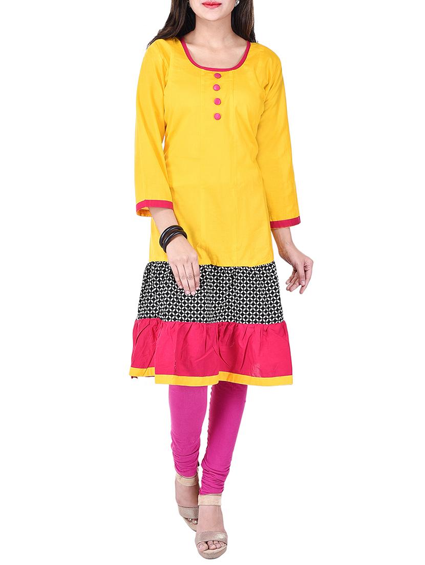 yellow cotton tiered kurta - 12948512 - Zoom Image - 1