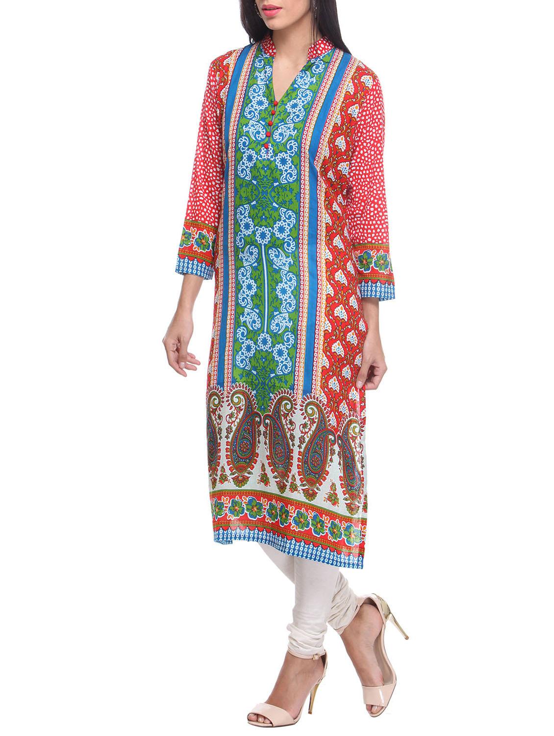blue cotton straight kurta - 12953597 - Zoom Image - 2