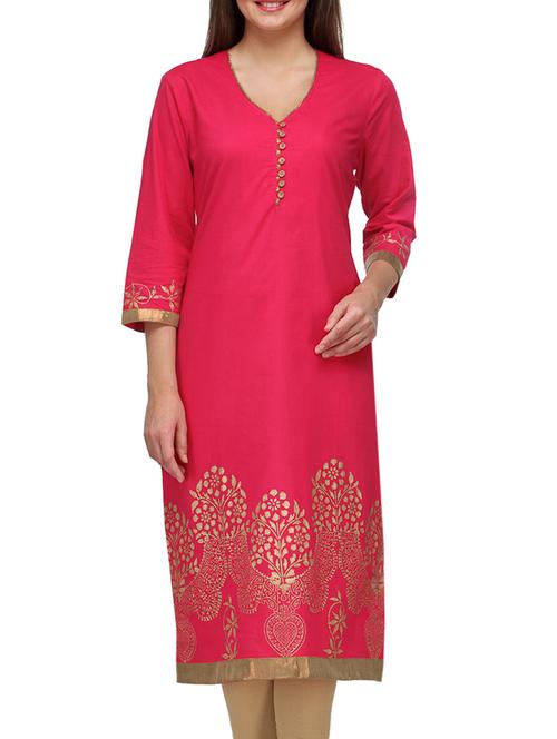  pink cotton v neck kurta - 1296379 -  Standard Image - 0