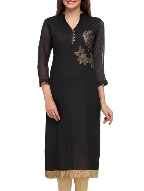 Black Cotton Printed Mandarin Collar Kurta - 1296384 - Very Small Image - 1