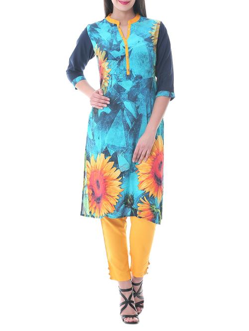 blue colored rayon straight printed kurta - 12966324 - Very Small Image - 1