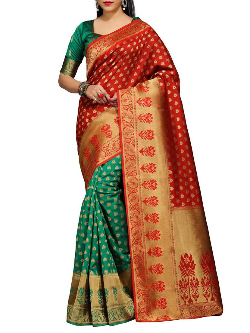 red silk blend banarasi saree with blouse - 12971932 - Zoom Image - 1
