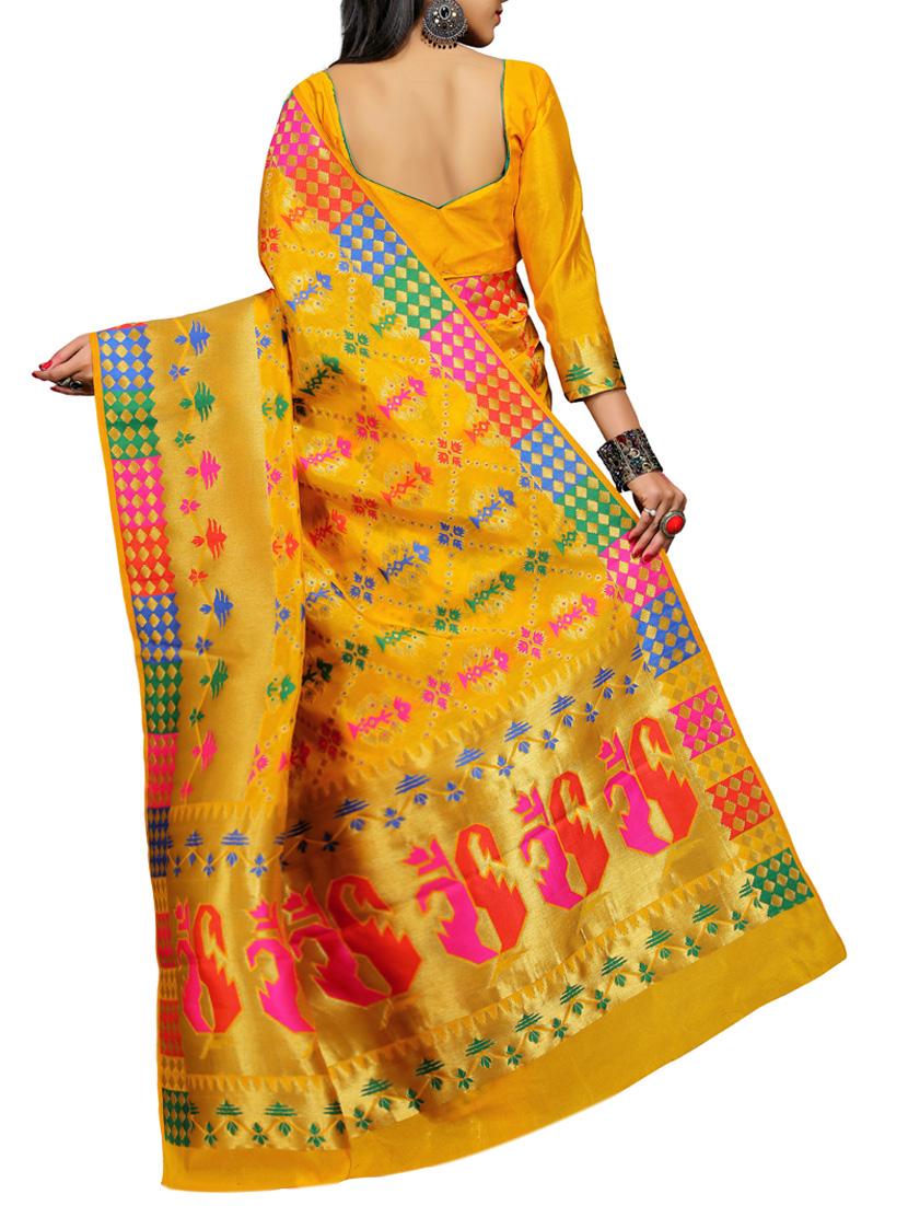 yellow silk blend banarasi saree with blouse - 12971941 - Zoom Image - 2