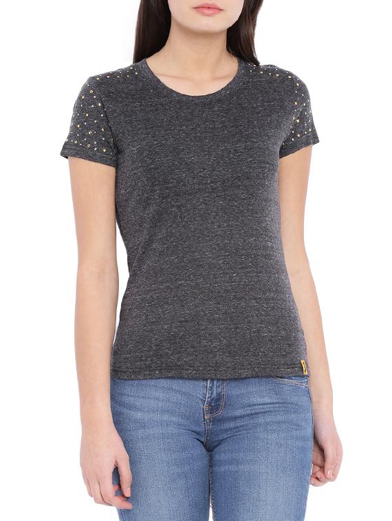 round neck embellished melange top - 12984480 - Zoom Image - 1