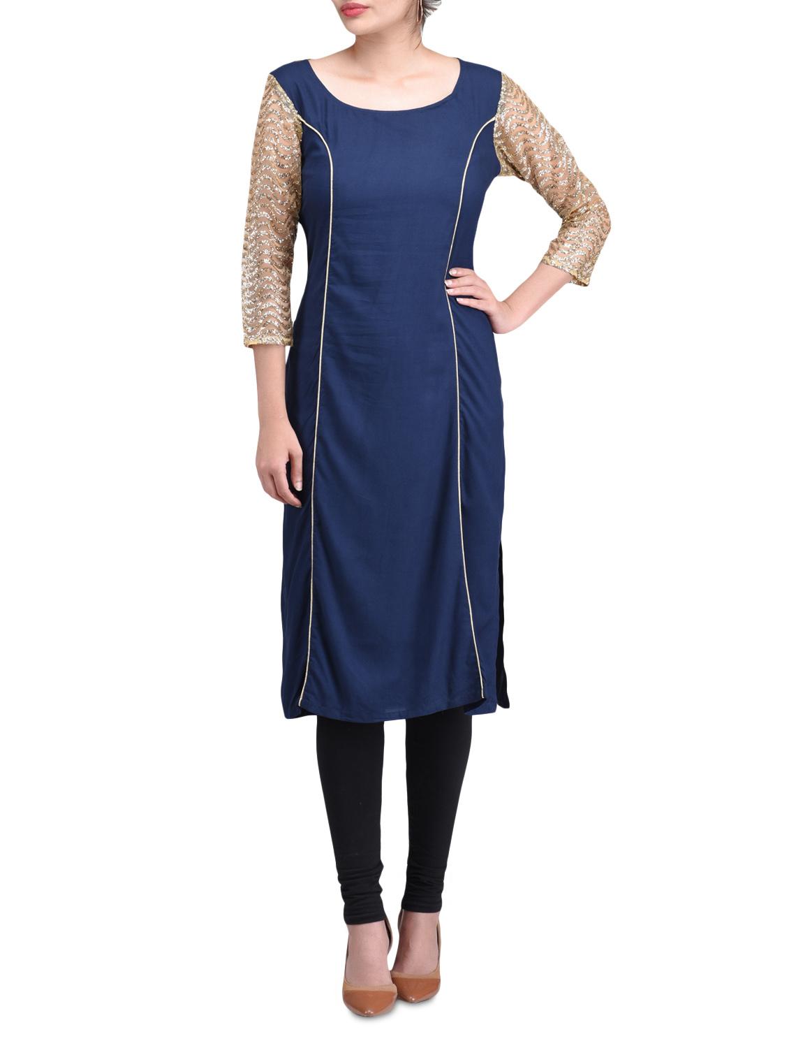 blue cotton straight kurta - 1300940 - Zoom Image - 1