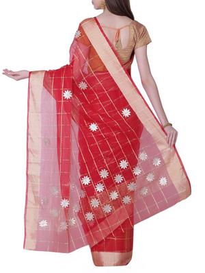 red cotton blend gota patti saree with blouse - 13014956 - Standard Image - 2