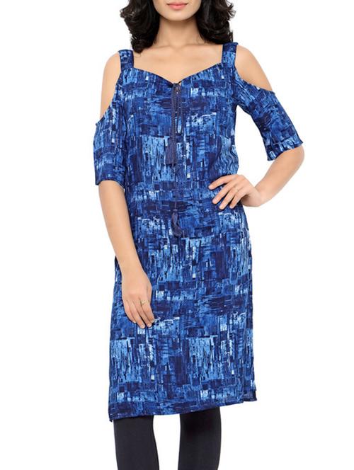 blue rayon printed straight kurta - 13017536 - Standard Image - 1
