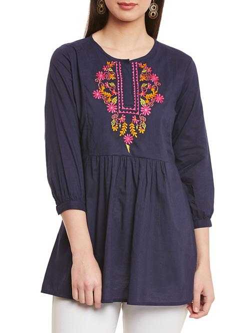 navy blue embroidered cotton tunic - 13023300 - Standard Image - 1
