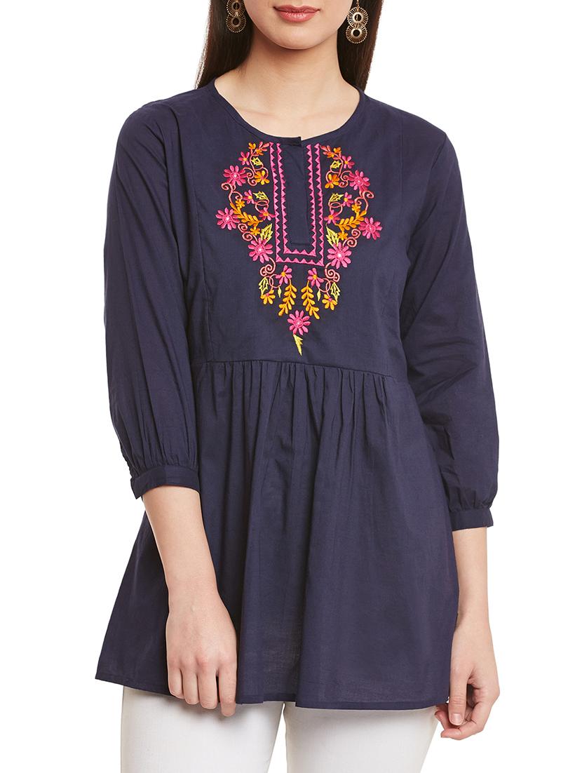 navy blue embroidered cotton tunic - 13023300 - Zoom Image - 1