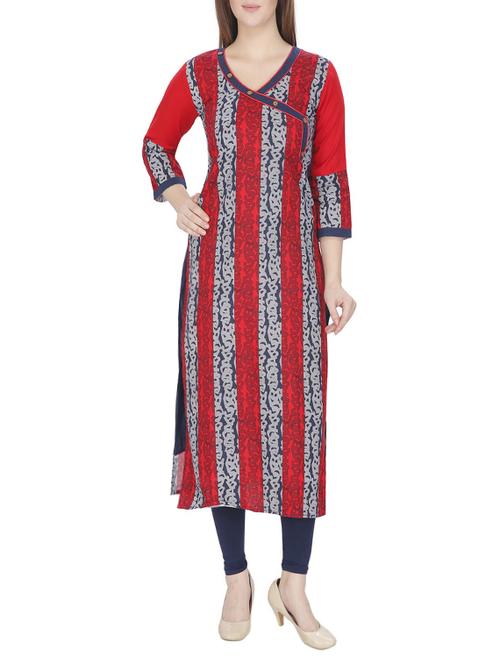 red cotton printed straight kurta - 13024901 - Standard Image - 1