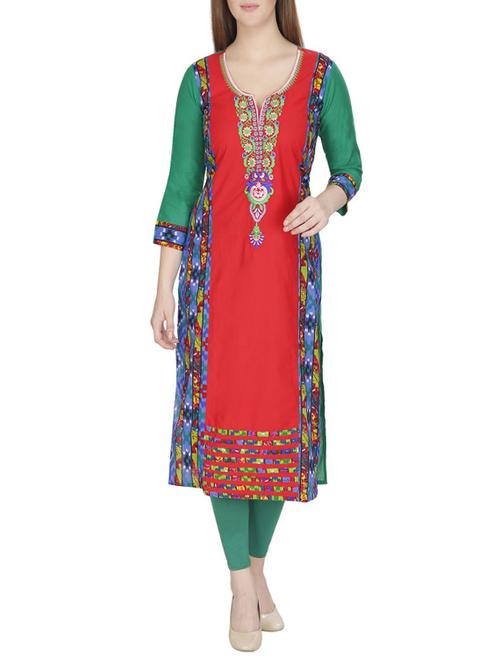 multi colored cotton embroidered long kurta - 13024926 - Standard Image - 1