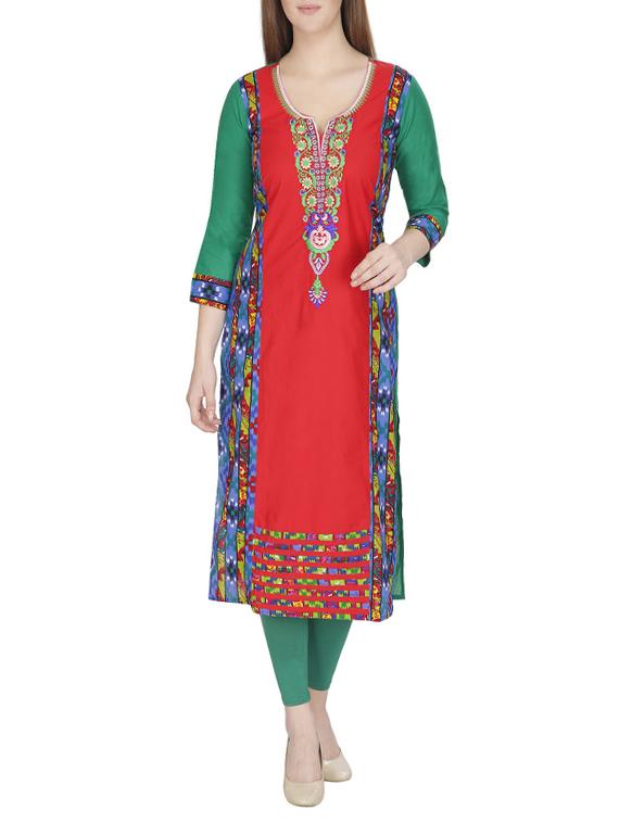 multi colored cotton embroidered long kurta - 13024926 - Zoom Image - 1
