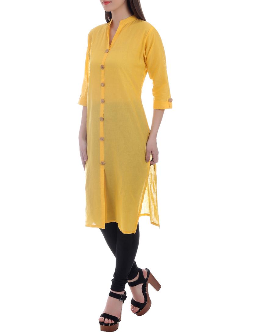yellow cotton straight kurta - 13025656 - Zoom Image - 2