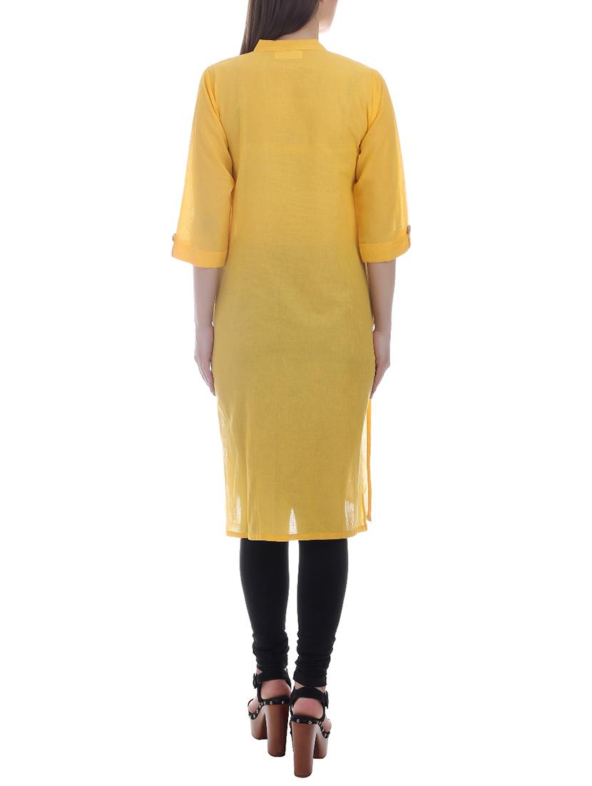yellow cotton straight kurta - 13025656 - Zoom Image - 3