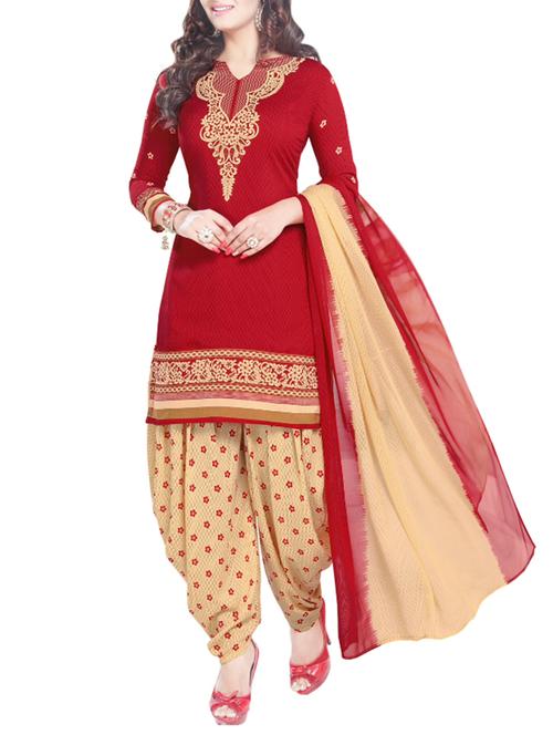 red synthetic crepe printed unstitch patiyala suit - 13029029 - Standard Image - 1