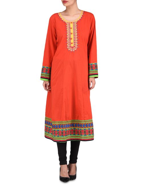 orange cotton printed embroidered kurti - 1302981 - Standard Image - 1