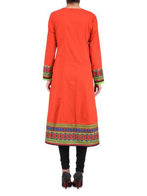 orange cotton printed embroidered kurti - 1302981 - Standard Image - 3