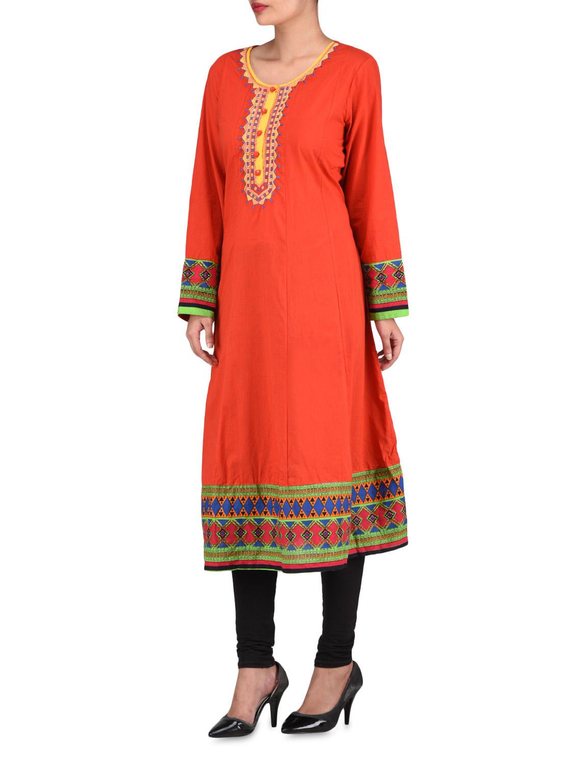 orange cotton printed embroidered kurti - 1302981 - Zoom Image - 2