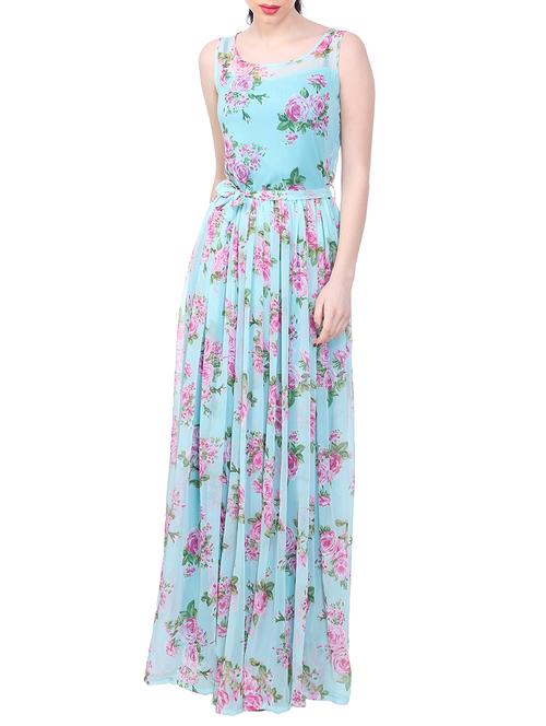 light blue floral printed chiffon dress - 13036658 - Standard Image - 1
