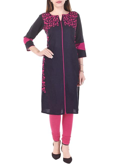 navy blue embroidered straight kurta - 13039290 -  Standard Image - 0