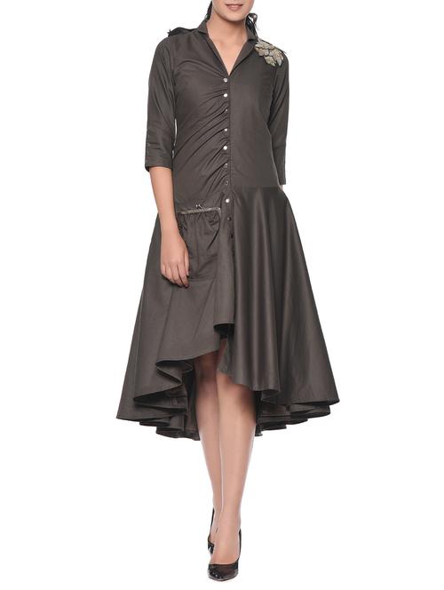 grey embroidered asymmetrical cotton dress - 13049765 - Very Small Image - 1