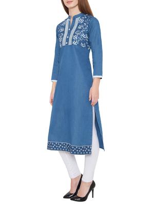 denim embroidered straight kurta - 13060533 - Standard Image - 2