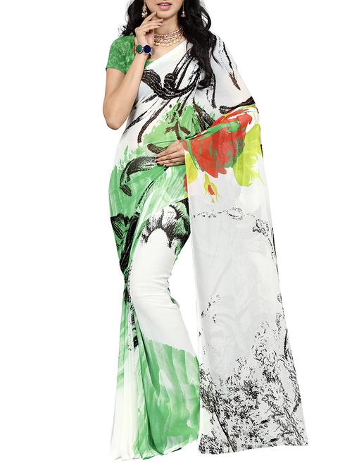 white georgette printed saree with blouse - 13062528 - Very Small Image - 1