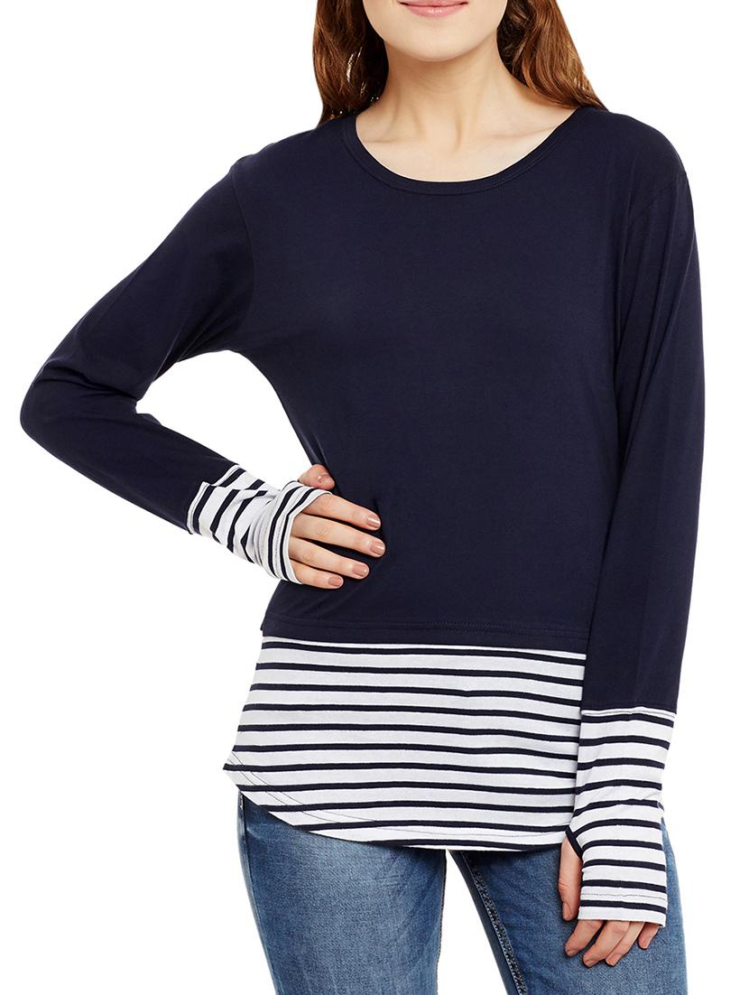 stripe detail thumb hole sleeved tee - 13071139 - Zoom Image - 1