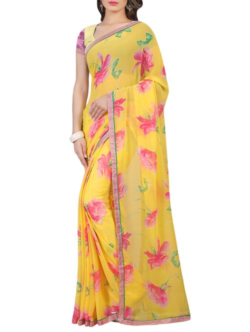 yellow printed georgette saree with blouse - 13081230 - Standard Image - 1