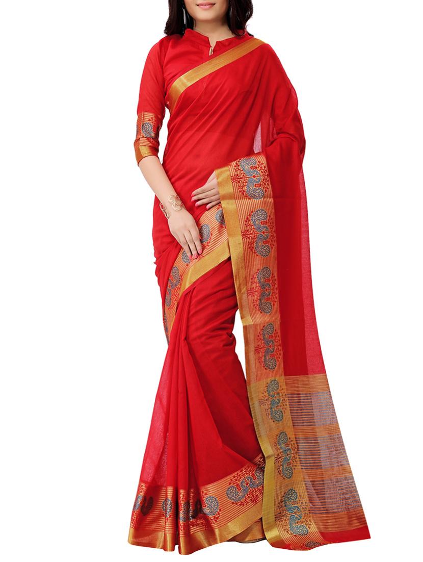 red cotton woven saree with blouse - 13086476 - Zoom Image - 1