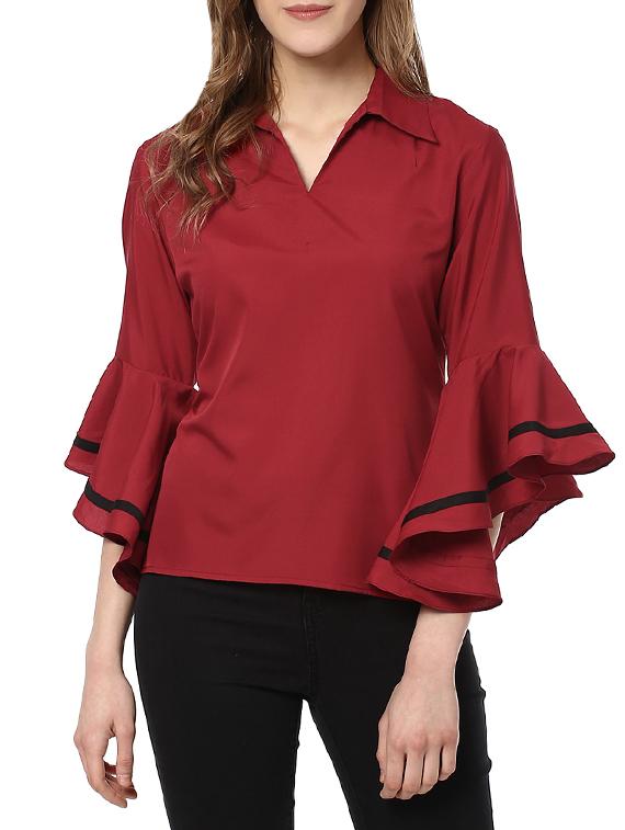ruffle sleeved contrast binding top - 13087175 - Zoom Image - 1