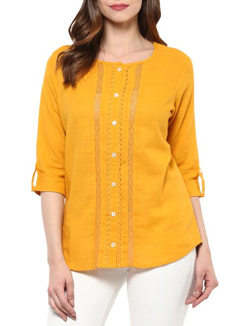 mustard cotton straight kurti - 13087305 - Very Small Image - 1