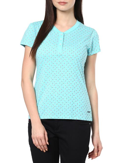 light blue printed cotton henley tee - 13089141 - Standard Image - 1
