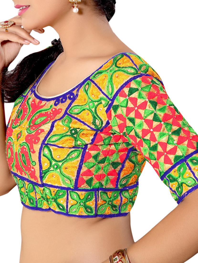 multi colored raw silk embroidered stitched blouse