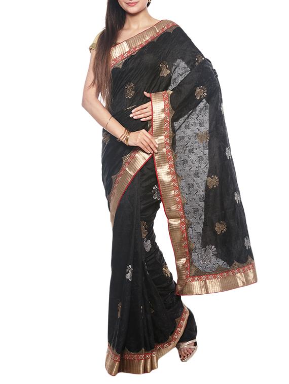 black dupion embroidered saree with blouse - 13092010 - Zoom Image - 1