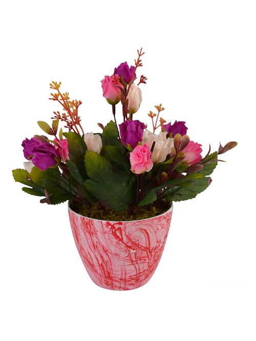 Thefancymart Artificial flowers arrangement of Roses (size 8 inchs/20 cms) with Marble Finish round pot - 1216 - 13098068 - Standard Image - 1