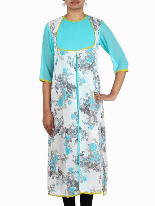 white and sky blue georgette floral print kurta - 1310239 - Standard Image - 1