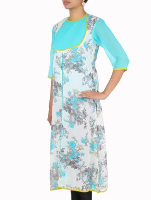 white and sky blue georgette floral print kurta - 1310239 - Standard Image - 2
