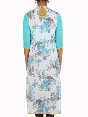 white and sky blue georgette floral print kurta - 1310239 - Standard Image - 3