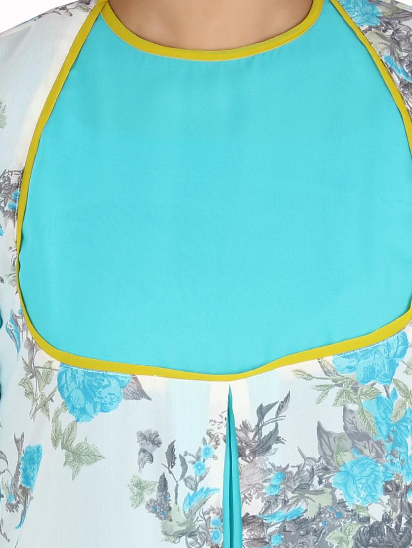 white and sky blue georgette floral print kurta - 1310239 - Zoom Image - 4