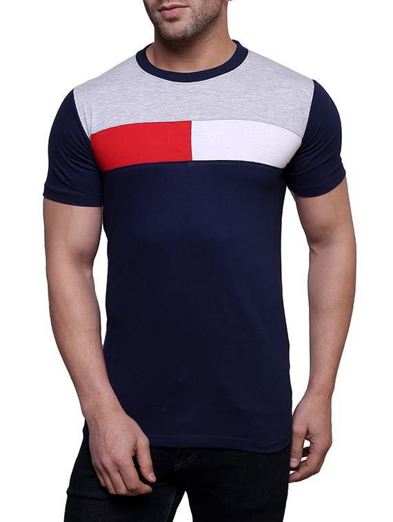 navy blue cotton colour block t-shirt - 13103399 - Zoom Image - 1