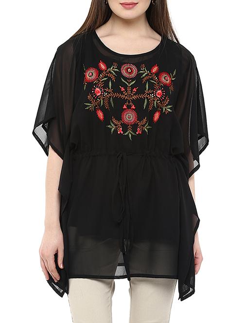 black embroidered georgette regular kaftan - 13103800 - Standard Image - 1