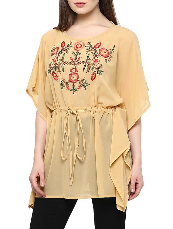 beige embroidered georgette regular kaftan - 13103801 - Zoom Image - 2